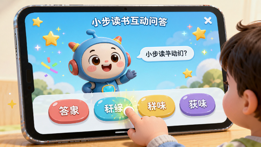 小步读书互动问答界面,屏幕上一个卡通角色向孩子提问,下方有四个彩色答案按钮,儿童小手正在点击正确选项,周围有星星和鼓励特效,背景简单,画风可爱明亮,高清渲染,无杂乱元素