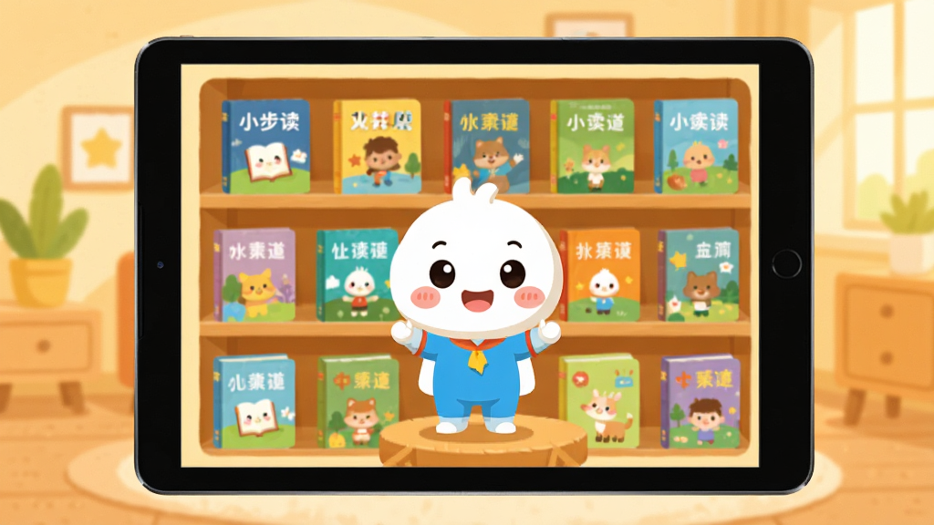 小步读书app主界面展示图,儿童平板或手机上显示色彩斑斓的书架,书籍封面排列整齐,中央是可爱的卡通吉祥物小步,背景明亮温馨,采用扁平化插画风格,高清细腻,干净整洁,无多余元素
