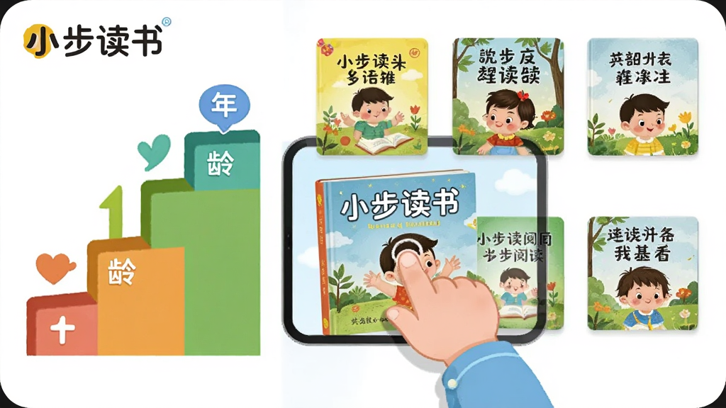 小步读书分级阅读功能截图,画面左侧显示阶梯式年龄分级图标,右侧展示不同难度绘本封面,中央是一名儿童正在用手指滑动屏幕选择书籍,色彩活泼,界面简洁,卡通风格,高清画质,突出