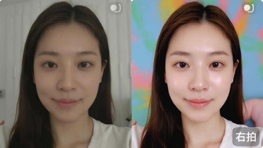展示右拍App智能美颜滤镜功能的对比效果图,主体为左右分屏的同一人物自拍画面,左侧略显平淡,右侧经过右拍滤镜处理后肤色透亮、背景色彩更生动,布局采用并排对比形式,风格清新自然,细节部分在右侧屏幕角落标注“右拍”字样,画质高清干净,无多余元素。