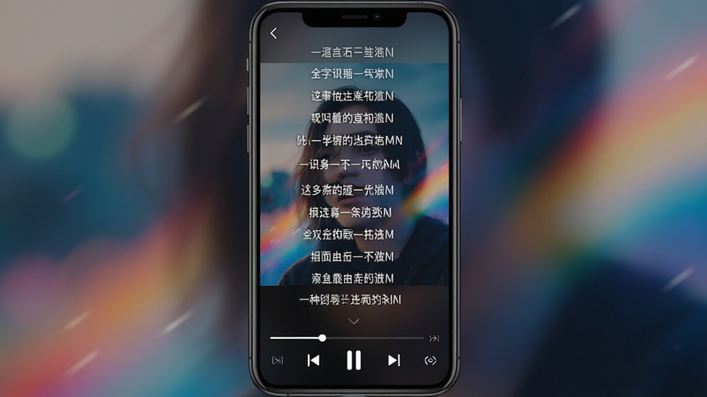 识可歌词展示界面,手机屏幕中央显示滚动的歌词,背景为动态模糊的专辑封面,界面底部有播放控制条,风格现代流行,细节清晰,画质干净,无多余元素