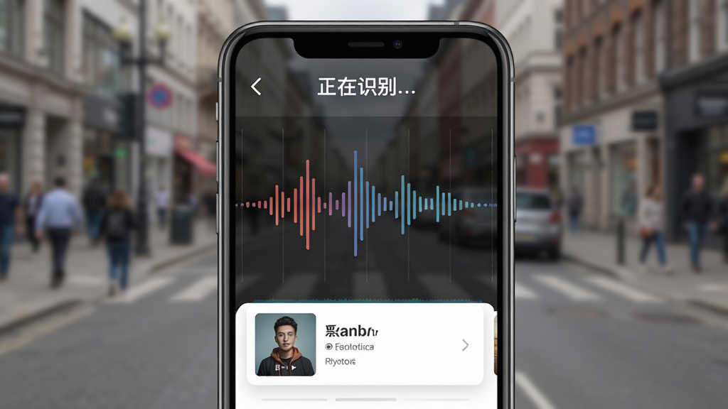 识可识别音乐功能演示,手机屏幕放大显示识别界面,中央有跳动的声音波形,顶部显示“正在识别…”,底部弹出歌曲卡片,背景为模糊的街景,突出识别速度和准确性,风格写实清晰,画质干净,无多余元素