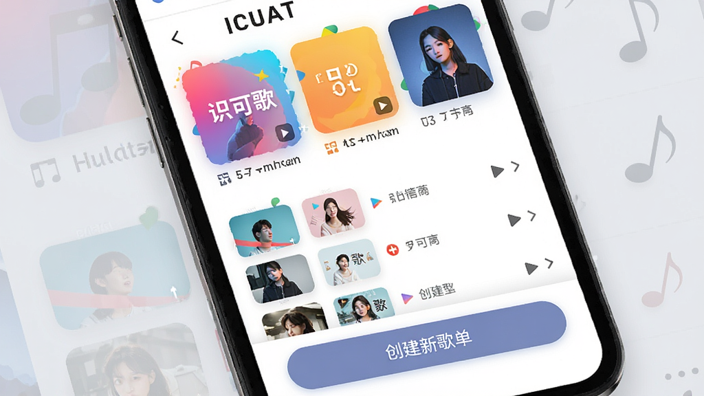 识可歌单管理界面,手机屏幕上显示多个彩色歌单封面,下方有“创建新歌单”按钮,背景为浅灰色的音乐元素,布局清晰,风格简洁明快,细节包括歌曲列表和播放按钮,画质干净无多余元素