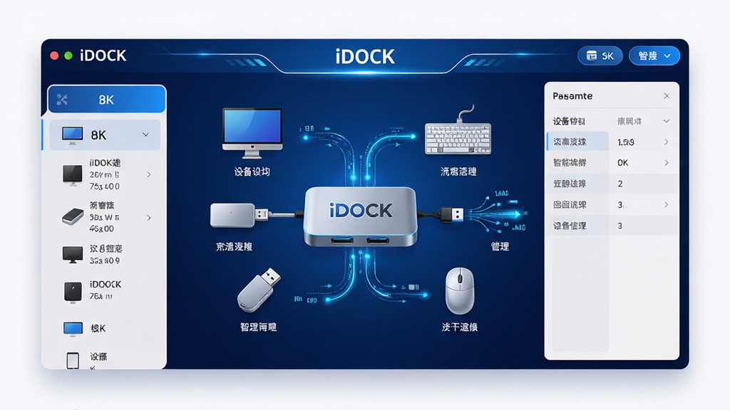 主体:一款名为“iDOCK”的智能扩展坞管理软件界面,居中显示一个现代风格的扩展坞设备图标,周围环绕着显示器、键盘、鼠标、U盘等外设图标。布局:软件主界面采用左右分栏设计,左侧为设备列表,右侧为详细参数面板,整体排列整齐有序。排版:界面文字清晰,标题栏显示“iDOCK”字样,功能按钮采用圆角矩形图标,信息层级分明。风格:科技感与现代简约风结合,背景为深蓝色渐变,搭配亮蓝色与白色高光线条。细节:每个外设图标下方标注对应设备名称,主界面中央有一个动态数据流示意线,表示数据传输。画质:8K超高清渲染,细节丰富,画质干净,无多余元素。