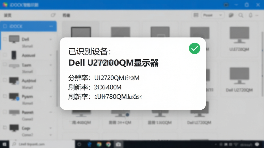 主体:一张展示iDOCK智能识别功能的界面截图,屏幕中央弹出一个提示框,显示“已识别设备:Dell U2720QM显示器”,下方列出分辨率、刷新率等参数。布局:提示框位于屏幕中央,背景为模糊化的软件主界面,左侧有设备列表。排版:提示框采用圆角设计,内部文字左对齐,使用系统默认字体,关键信息加粗。风格:简洁明亮的扁平化风格,主色调为白色与蓝色。细节:提示框右上角有一个绿色对勾图标,表示识别成功,背景中其他设备图标呈灰色状态。画质:高清细节,画面干净整洁,无多余元素。
