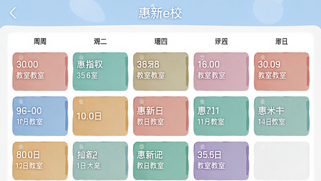 图片展示惠新e校APP的课表界面,以周视图形式清晰展示周一至周五的课程安排,每节课用不同颜色区块标识课程名称和教室信息,顶部有“惠新e校”字样,界面整洁,色彩柔和,画质干净,无多余元素