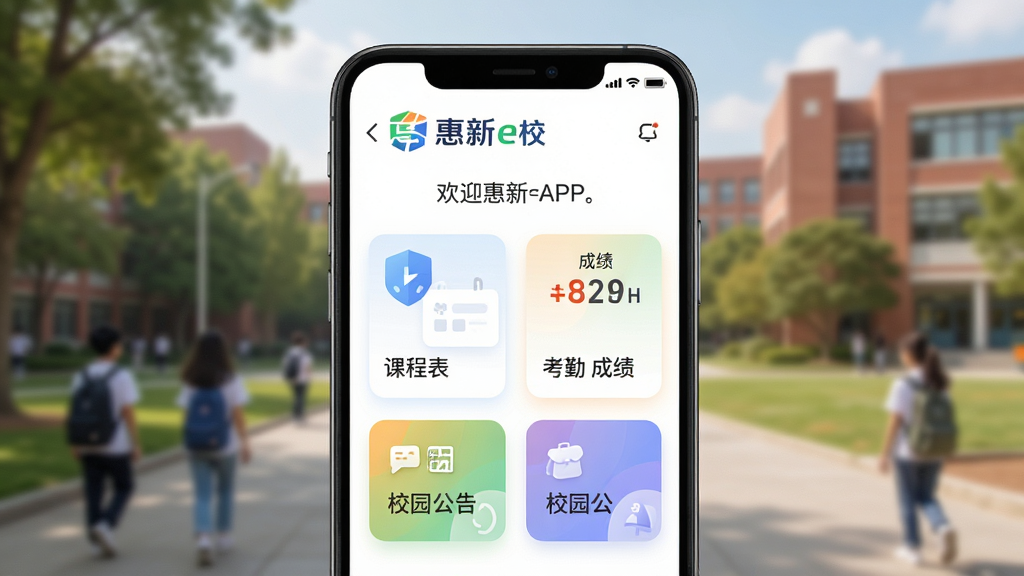 图片展示惠新e校APP在手机屏幕上的主界面,界面布局清晰,上方显示“惠新e校”Logo和欢迎语,中间以卡片式排列着课程表、成绩、考勤、校园公告等核心功能模块,整体风格现代简约,色彩明快,背景为虚化的校园场景,画质干净,无多余元素