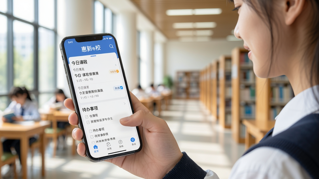 图片展示一位学生手持手机使用惠新e校APP,背景是明亮的校园图书馆,界面显示着“今日课程”和“待办事项”,手机屏幕上有“惠新e校”字样,画面风格写实亲切,画质干净,无多余元素