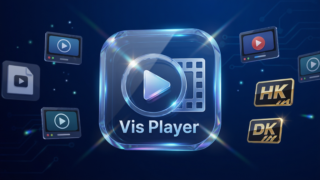 画面中央展示“Vis Player”应用图标,背景为深邃的科技蓝渐变,图标呈立体水晶质感,内部融合播放键与胶片元素,周围环绕浮动的视频文件缩略图与高清标志,光线折射出炫彩光效,整体布局简洁大气,排版重心突出,风格现代科技感,细节丰富,画质8K,干净无多余元素