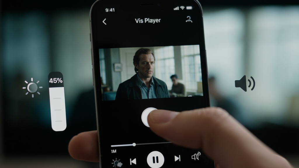 特写手机屏幕中“Vis Player”播放界面,画面中一只手正在滑动调节亮度,屏幕左侧出现亮度调节图标与百分比,右侧浮现音量图标,背景为电影场景虚化,布局聚焦于手势与屏幕反馈,排版清晰直观,风格简约实用,画质高清,干净无多余元素