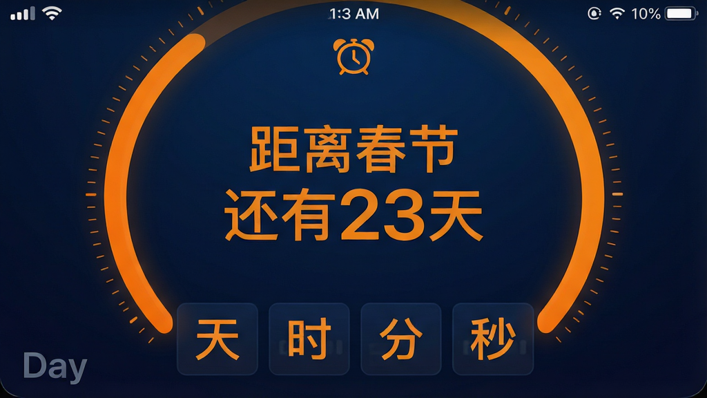主体:倒计时纪念日Day的倒计时功能预览,手机屏幕显示一个大型圆环进度,圆环中心写着“距离春节还有23天”。布局:圆环占据屏幕中央,下方是“天”“时”“分”“秒”四个小方格,实时刷新数字。排版:数字采用大号无衬线字体,清晰易读,圆环边缘有细小的刻度。风格:深色模式界面,背景为深蓝渐变,数字与圆环为亮橙色。细节:圆环顶部有一个小闹钟图标,屏幕顶部状态栏显示电量与时间。画质:高精度渲染,数字锐利,色彩对比度高。