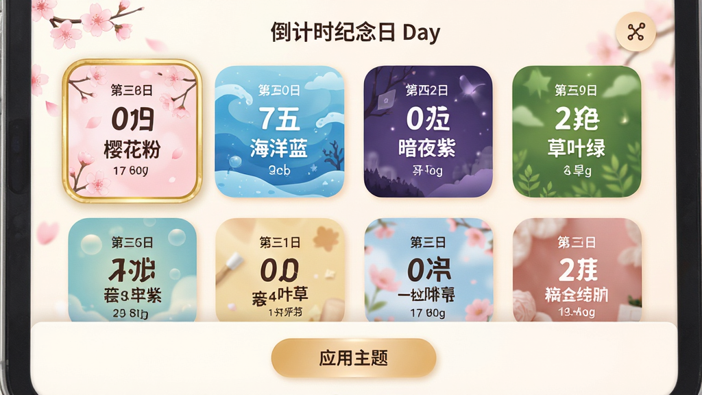 主体:倒计时纪念日Day的主题选择界面,屏幕上横向排列着多张不同风格的卡片缩略图。布局:卡片分为两排,每排四张,分别展示“樱花粉”、“海洋蓝”、“暗夜紫”、“草叶绿”等主题。排版:每张卡片上都有对应的日期数字与文字示例。风格:明亮温馨,卡片圆角较大。细节:当前选中的卡片有金色边框高亮,屏幕底部有“应用主题”按钮。画质:画面柔和,色彩过渡自然。