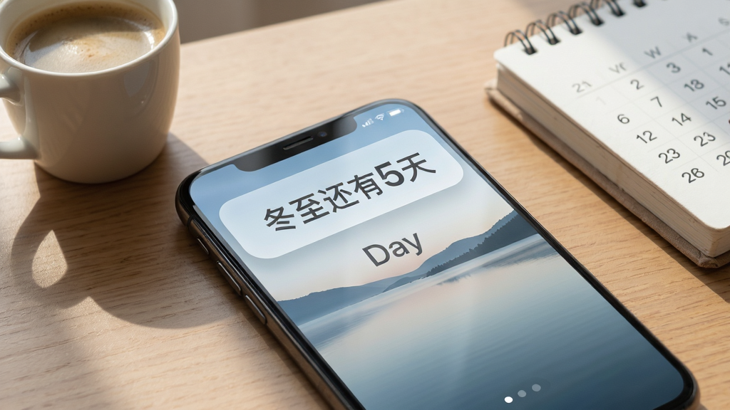 主体:倒计时纪念日Day在手机桌面上的小组件展示,手机横放在桌面,屏幕亮起。布局:桌面壁纸为简约风景,小组件以长条形位于屏幕上方,显示“冬至还有5天”。排版:组件背景为半透明白色毛玻璃效果,字体为深灰色。风格:简洁美观,贴近真实使用环境。细节:旁边有一杯咖啡和一本日历作为陪衬。画质:超清,光影自然。