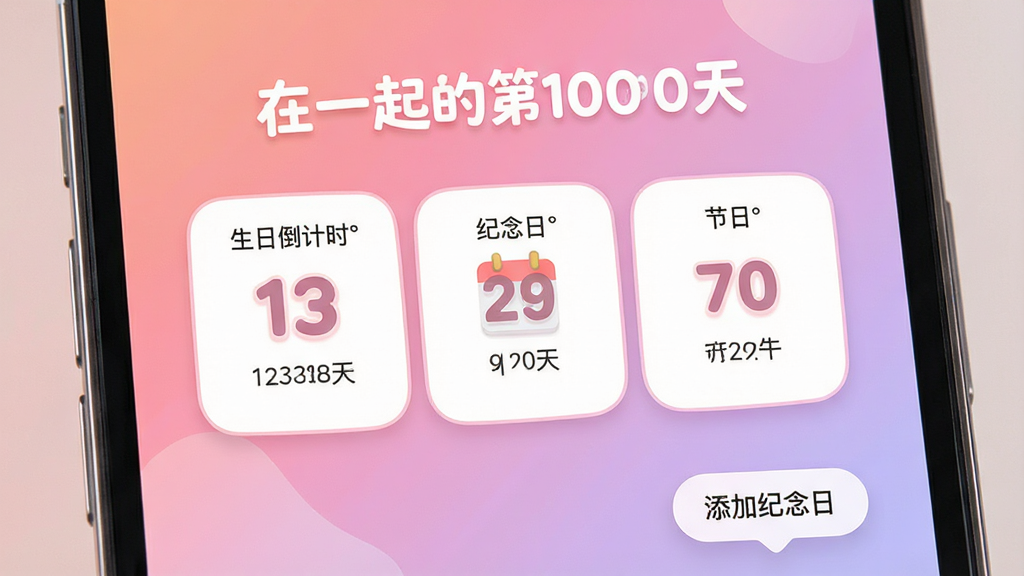 主体:倒计时纪念日Day软件主界面展示,手机屏幕居中显示,背景为温馨的渐变粉色与淡紫色。布局:界面顶部显示“在一起的第1000天”大字,下方排列着几个圆角卡片,分别标注“生日倒计时”、“纪念日”、“节日”。排版:卡片整齐排列,每个卡片内有大号数字和日期。风格:扁平化设计,图标圆润可爱,色彩柔和明亮。细节:屏幕上有“添加纪念日”的悬浮按钮,界面无任何广告横幅。画质:高清渲染,画面干净通透,无多余元素。