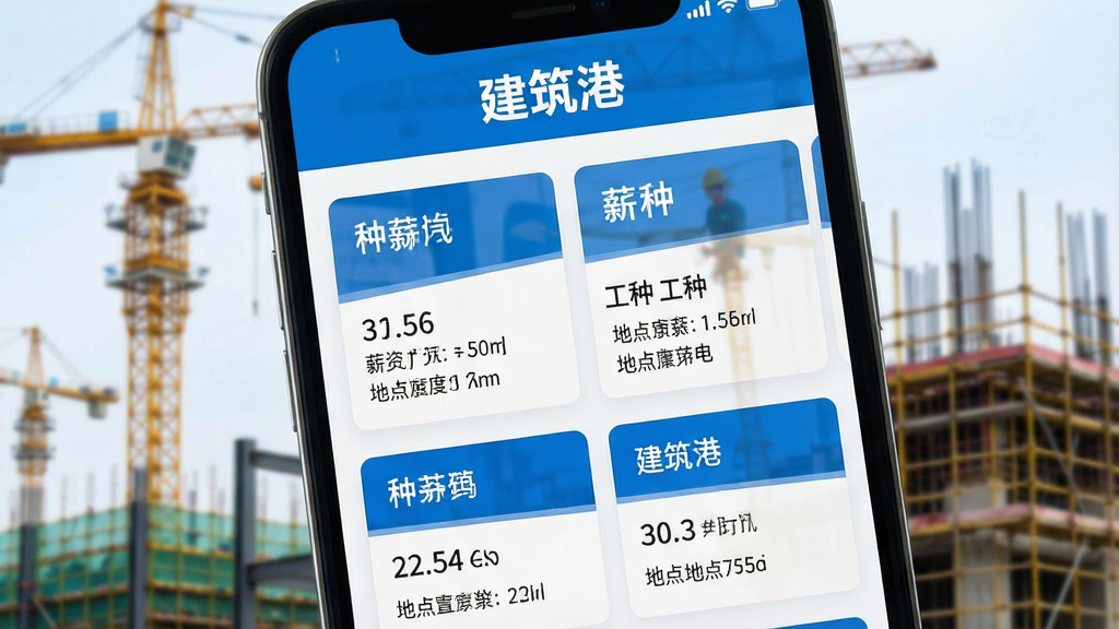 一张手机屏幕特写,屏幕中显示建筑港APP的首页界面,顶部有“建筑港”品牌字样,下方清晰列出多个招工卡片,每张卡片包含工种、薪资、地点信息,背景为模糊化的建筑工地塔吊和脚手架场景,整体色调以蓝白为主,界面简洁现代,光线明亮,画质清晰,干净无多余元素