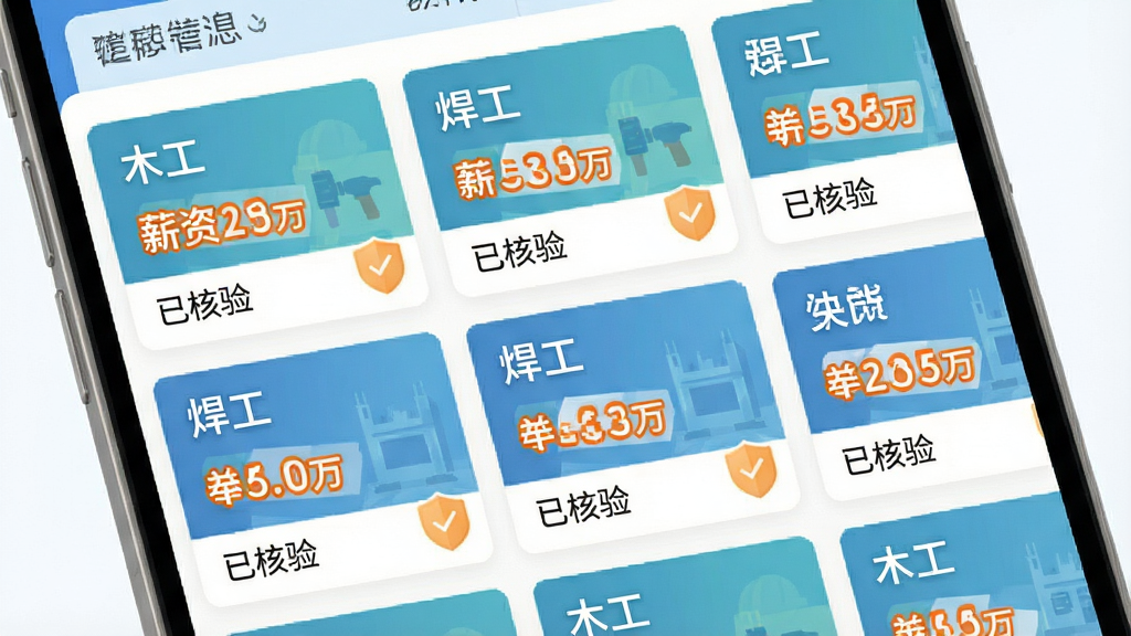建筑港APP的招工信息列表页面,屏幕上整齐排列着多个招工条目,每条显示工种名称如“木工”、“焊工”,薪资范围用醒目的橙色字体标出,条目底部有“已核验”的小盾牌图标,页面背景干净,采用扁平化设计风格,色彩清新,细节丰富,画质高清,无多余元素