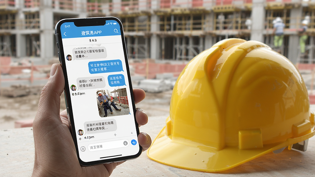 一部智能手机正在运行建筑港APP,屏幕显示聊天界面,对话气泡中包含文字和图片,手机旁边放着一顶黄色安全帽,背景是模糊的施工现场,画面温馨写实,突出工人使用手机沟通的场景,整体色调自然,画质清晰,干净无多余元素