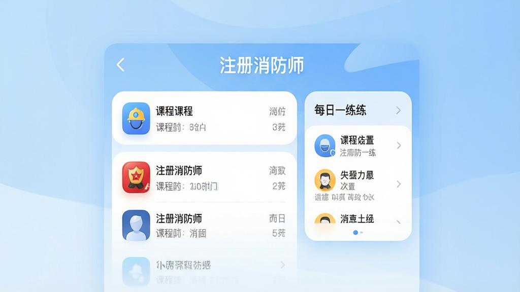 创建一张展示“注册消防师”App主界面的高清截图,画面中央显示课程列表与每日一练模块,背景为浅蓝色渐变,顶部有软件名称“注册消防师”字样,UI设计简洁现代,图标圆润,画质干净,无多余元素