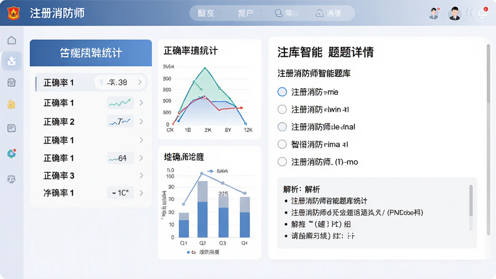 生成一张“注册消防师”智能题库功能的界面预览图,左侧显示答题卡与正确率统计图表,右侧为题目详情区域,包含选项和解析,整体风格清爽,文字清晰,画质高清,干净无多余元素