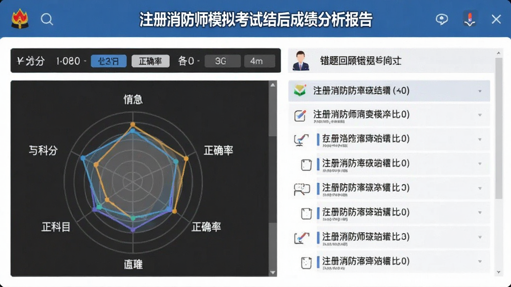 生成一张“注册消防师”模拟考试结束后的成绩分析报告截图,包含总分、正确率、各科目雷达图以及错题回顾列表,界面数据可视化,风格专业,画质干净,无多余元素