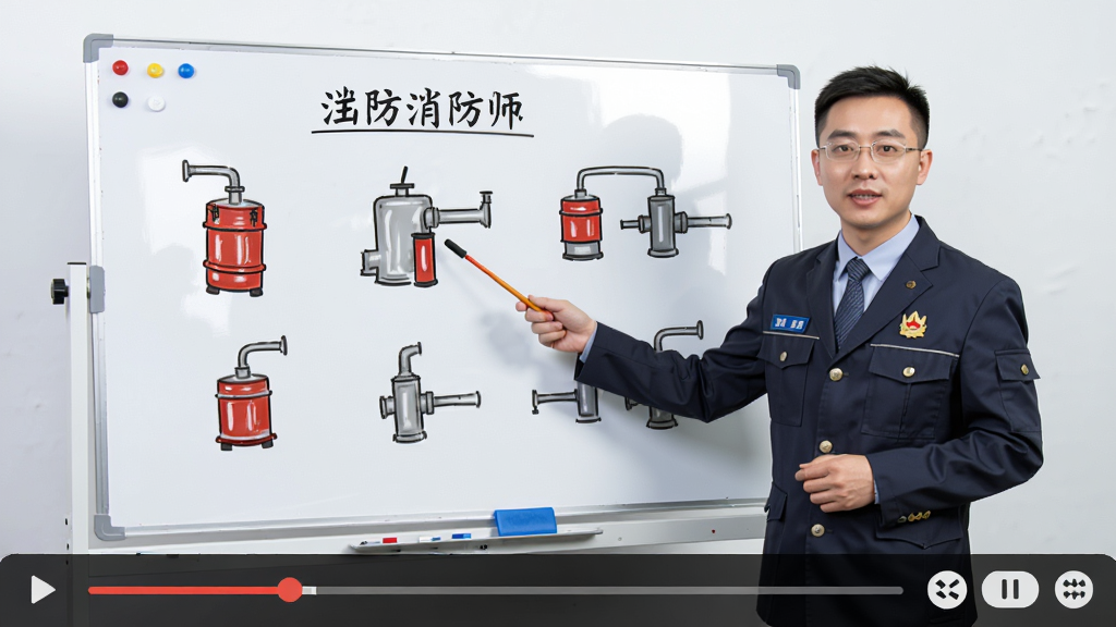 制作一张“注册消防师”视频课程播放页面的配图,视频画面中一位讲师正在白板前讲解消防设施知识点,界面下方有进度条和倍速控制按钮,整体色调明亮,画质清晰,干净无多余元素