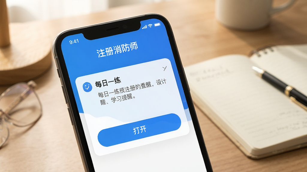 一张“注册消防师”App学习提醒的截图,手机屏幕亮起显示“每日一练”通知和打开按钮,背景为书桌与笔记本,光线柔和,画质干净,无多余元素