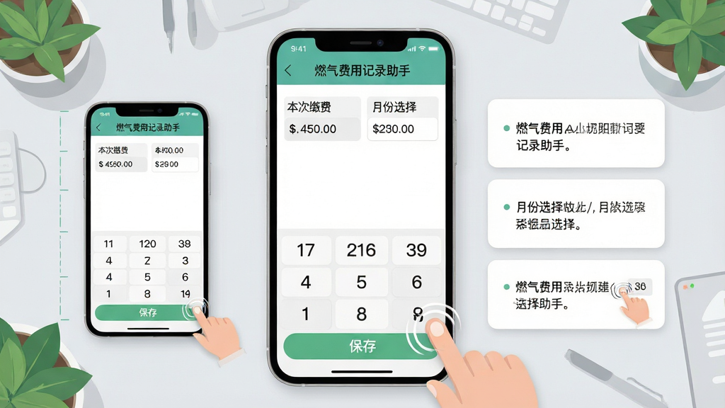 构图主体为手机横屏界面,界面中“燃气费用记录助手”的记账页面被放大展示,醒目的大数字键盘与“保存”按钮位于屏幕下半部,上半部显示“本次缴费”与“月份选择”的输入框,框内已填入示例数据。布局采用左右分栏,左侧为操作演示区域,右侧为步骤文字说明卡片。背景为简洁的浅灰色工作台,搭配绿植点缀。整体风格为扁平化插画风,配色柔和,细节包含手指点击的动效示意。画质高清,画面干净整洁无多余元素。
