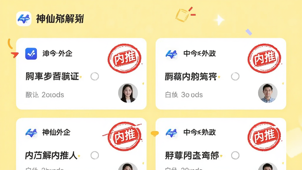 主体为“神仙外企”APP的内推专区界面,展示多个内推职位卡片,卡片上标有“内推”红色印章图标,布局为双列瀑布流,风格活泼明快,背景为淡黄色,细节包括公司Logo、职位名称与内推人匿名头像,画质高清无多余元素