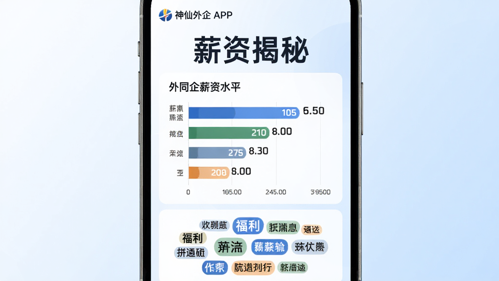 主体为“神仙外企”APP的薪资揭秘功能截图,屏幕上方显示“薪资揭秘”大字标题,中间为条形图对比不同外企薪资水平,底部为福利标签云,布局清晰,风格专业商务,背景为白色与浅蓝渐变,细节包括数字标注与公司名称,画质细腻干净