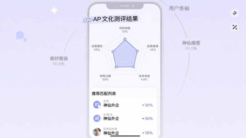 主体为“神仙外企”APP的文化测评结果页,以雷达图展示用户偏好维度,下方为推荐的匹配公司列表,布局中心对称,风格清新柔和,背景为淡紫色渐变,细节包括维度名称与匹配度百分比,画质干净无多余元素