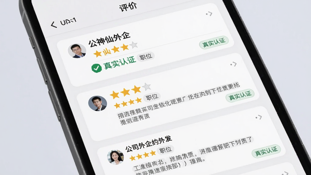 图片主体为手机界面显示“神仙外企”APP的评价页面,页面中呈现多条员工点评卡片,每张卡片包含星级评分与简短评语,布局为纵向列表,风格简洁商务,背景为柔和的浅灰色,细节包括公司名称、职位标签与“真实认证”徽章,画质干净无多余元素