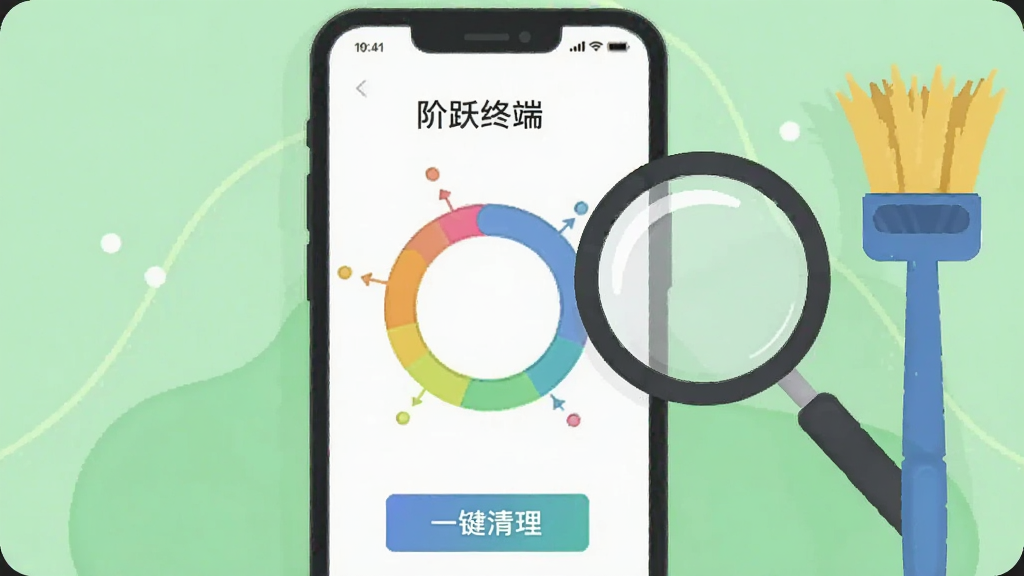 画面主体为手机屏幕显示“阶跃终端”的清理加速界面,界面中有彩色环形图表与“一键清理”按钮,手机旁放置放大镜与清洁刷等元素。布局为平视角度,排版清晰,采用扁平插画风格,背景为浅绿色,细节丰富,画质干净无杂质。