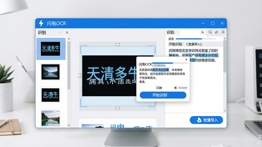 主体:电脑桌面显示闪电OCR图片文字识别软件主界面,界面中央有一张包含中文文字的图片正在被扫描识别,旁边弹出识别结果文本窗口。布局:左侧为图片列表缩略图,右侧为识别文本编辑区,清晰展示转换过程。排版:软件窗口居中,背景为干净的工作台,突出软件界面元素。风格:现代简约科技感,蓝色与白色主色调,图标有闪电标识。细节:识别文字高亮显示,进度条清晰可见,界面按钮标注“开始识别”“批量导入”。画质:超高清,干净,无多余元素。