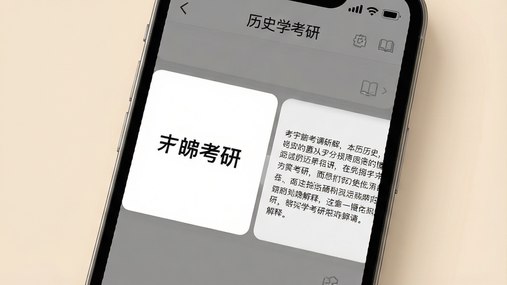 一张手机特写图,屏幕显示“历史学考研”APP的背诵卡片界面,卡片正面是历史名词,背面是详细解释,卡片可左右滑动切换,背景柔和米色,布局清爽,画质高清,无多余元素