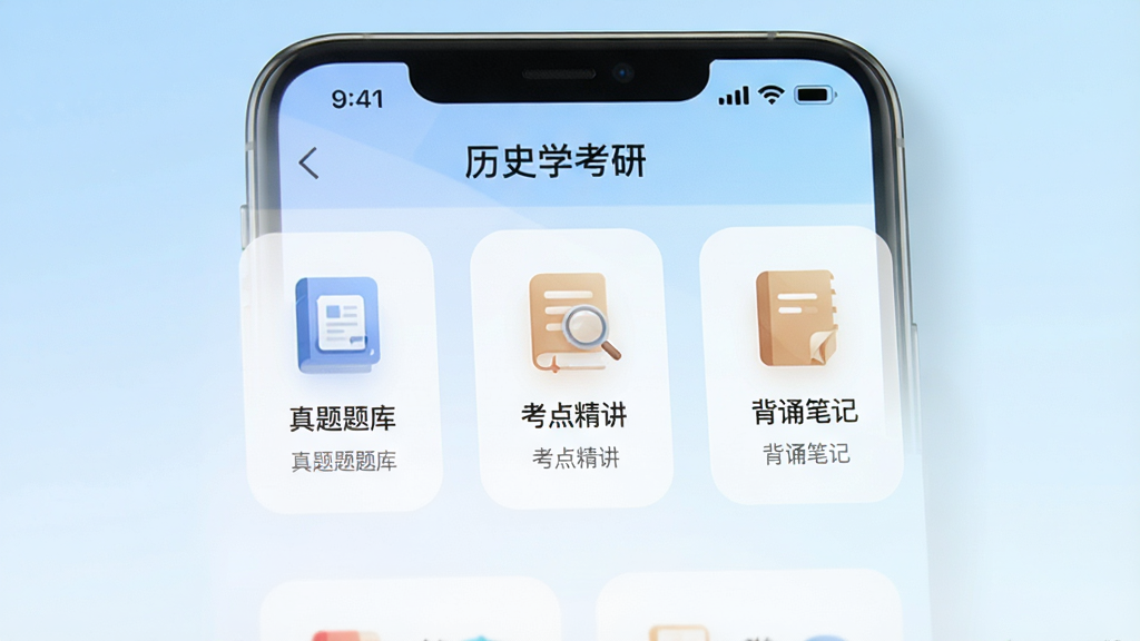 一张展示智能手机屏幕的图片,屏幕中清晰显示“历史学考研”APP的主界面,界面包含“真题题库”、“考点精讲”、“背诵笔记”等核心功能模块图标,整体布局简洁有序,背景为淡蓝色渐变,风格现代清新,画质高清干净,无多余元素