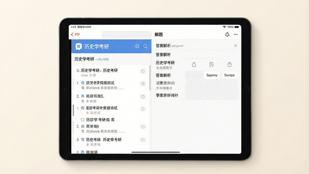 一张平板电脑的俯视图,屏幕上展示“历史学考研”APP的真题练习界面,左侧是题目列表,右侧是答案解析区域,界面风格简约清晰,背景为暖白色,画质细腻干净,无多余元素