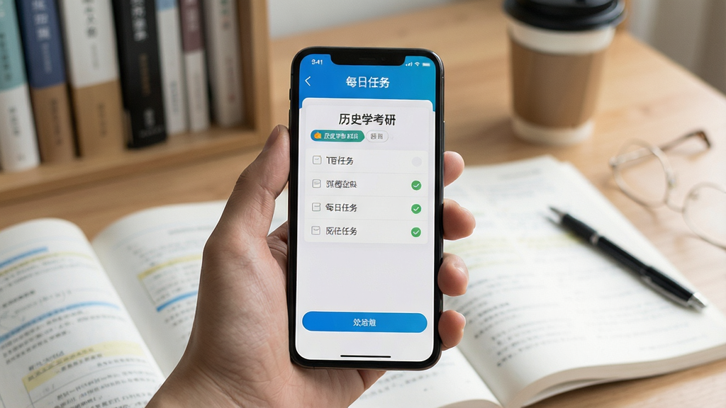 一张手机使用场景图,画面中一只手拿着手机,屏幕展示“历史学考研”APP的每日任务界面,背景是书桌与复习资料,风格写实自然,画质清晰干净,无多余元素