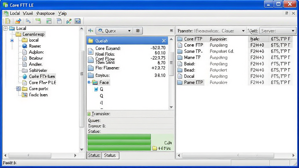 Core FTP LE 软件主界面截图,左侧为本地文件目录树结构,右侧为远程服务器文件列表,中间显示传输队列与状态信息,整体布局清晰直观,采用经典的Windows桌面软件窗口设计,蓝白配色为主,画质干净清晰,无多余元素