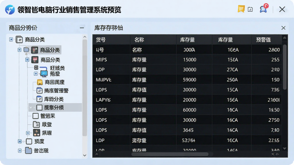 一幅领智电脑行业销售管理系统库存管理模块的预览图,左侧为商品分类树,右侧为库存明细表格,包含货号、名称、库存量、预警值等列,背景为淡蓝色调,风格简洁专业,界面干净,画质高清
