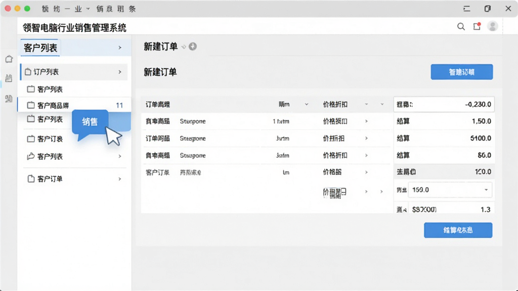 展示领智电脑行业销售管理系统销售流程界面,画面呈现从客户列表点击进入新建订单页面的过程,订单商品明细、价格折扣与结算信息一目了然,界面采用浅灰色背景搭配蓝色按钮,布局规整,画质清晰,无多余元素