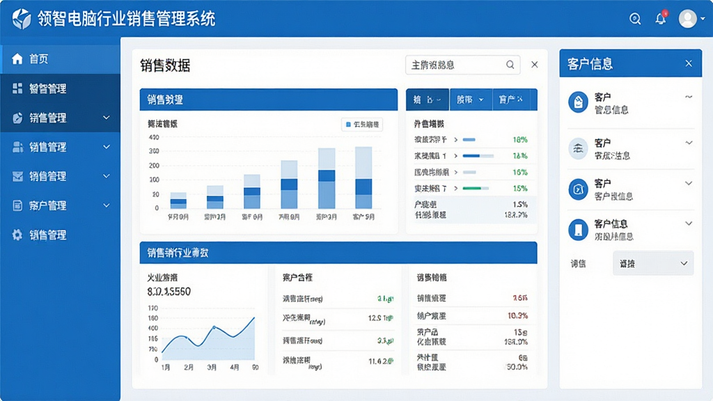一张展示领智电脑行业销售管理系统主界面的高清截图,界面布局清晰,包含左侧功能导航栏、中央销售数据看板与右侧客户信息面板,整体风格商务简洁,以蓝白为主色调,屏幕干净整洁,无多余元素,画质高清