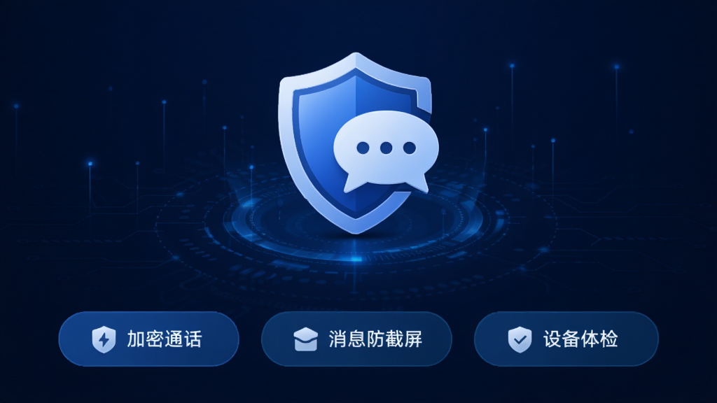 沐宝卫士主界面预览图,采用深蓝色科技感背景,中央显示盾牌与聊天气泡结合的图标,下方排列加密通话、消息防截屏、设备体检等按钮,界面简洁现代,UI设计干净,无多余元素,画质高清