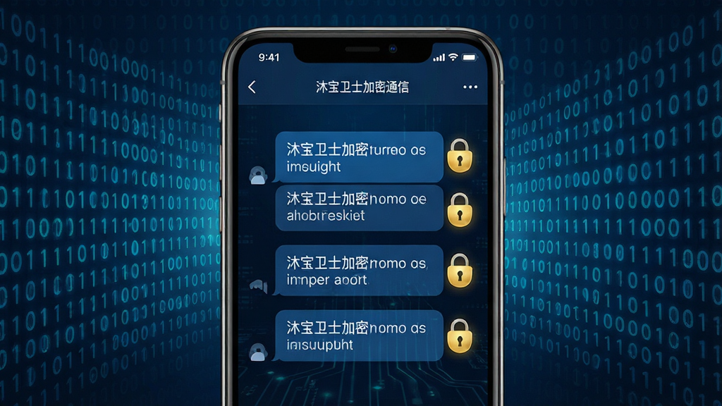 沐宝卫士加密通信示意图,手机屏幕显示对话界面,每条消息右侧带有金色锁形图标,背景为二进制数字流动效果,布局清晰,科技感强,画面干净无杂乱元素,画质细腻