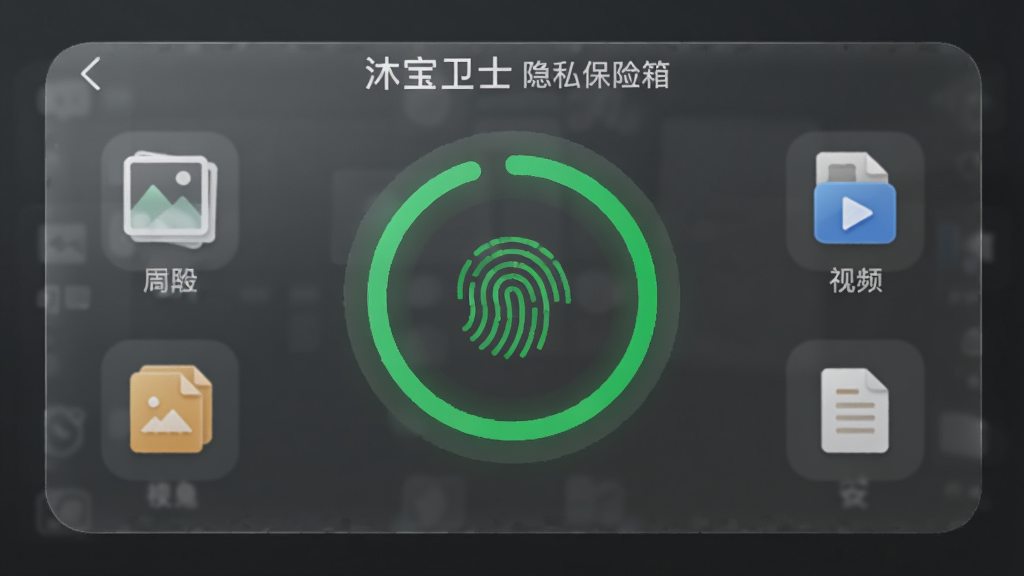 沐宝卫士隐私保险箱界面,界面采用毛玻璃效果,展示图片、视频、文档分类图标,背景为深灰色,中心位置有一个带指纹图案的绿色解锁圆环,整体氛围安全可靠,UI精致,画质清晰