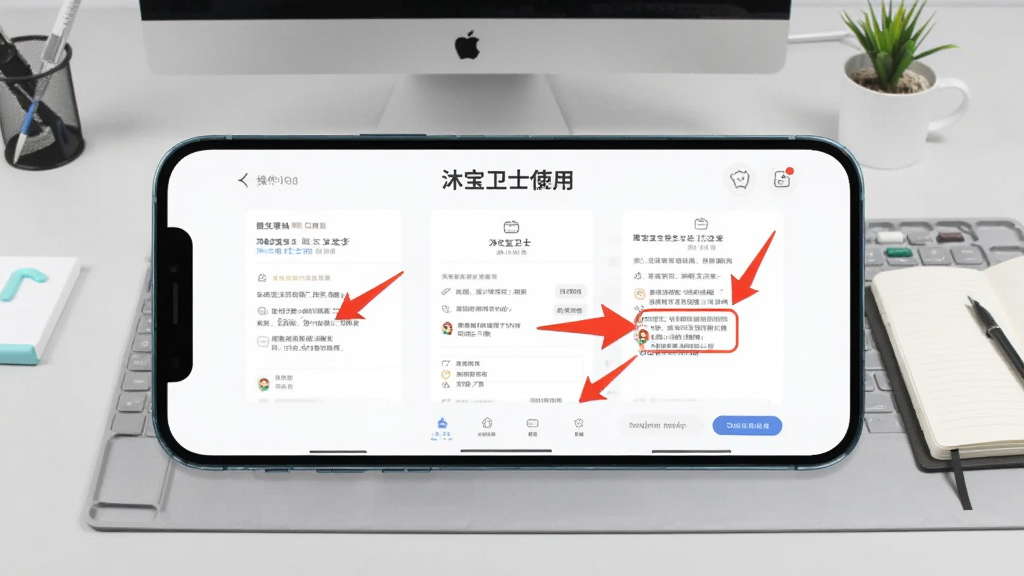 沐宝卫士使用指南配图,手机横屏展示操作步骤,屏幕上用红色箭头标注关键权限设置位置,背景为浅灰色工作台,桌面有电脑和笔记本,画面整洁干净,画质清晰