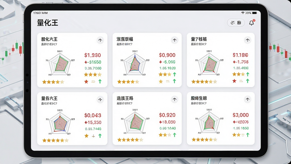 画面主体为平板电脑横屏显示“量化王”选股结果页面,界面以卡片式布局展示多只股票,每张卡片包含股票名称、最新价、涨跌幅以及多个因子评分星星。背景为浅灰色科技纹理。布局采用网格排版,风格清新简洁,细节突出评分雷达图和红绿色涨跌箭头,画面干净无多余元素,画质为高清。