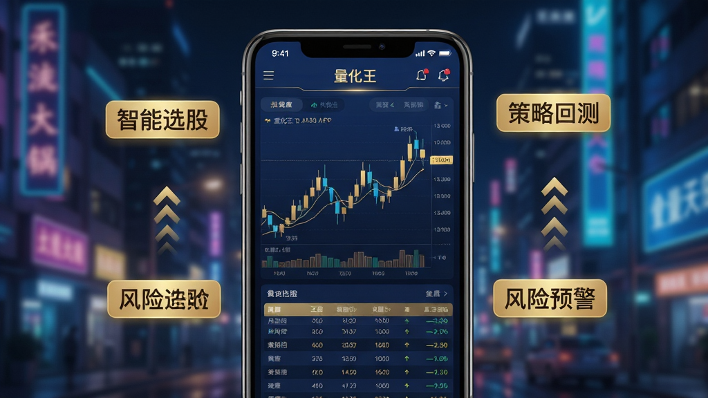 画面主体为手机屏幕展示“量化王”APP界面,界面以深蓝色和金色为主色调,中央显示动态K线图与数据仪表盘,周围漂浮着“智能选股”、“策略回测”、“风险预警”等金色标签。背景是模糊的金融城市夜景,霓虹灯光点缀。整体布局采用中心构图,风格科技感十足,细节包含清晰的数据表格和趋势箭头,画面干净无多余元素,画质为8K超高清。