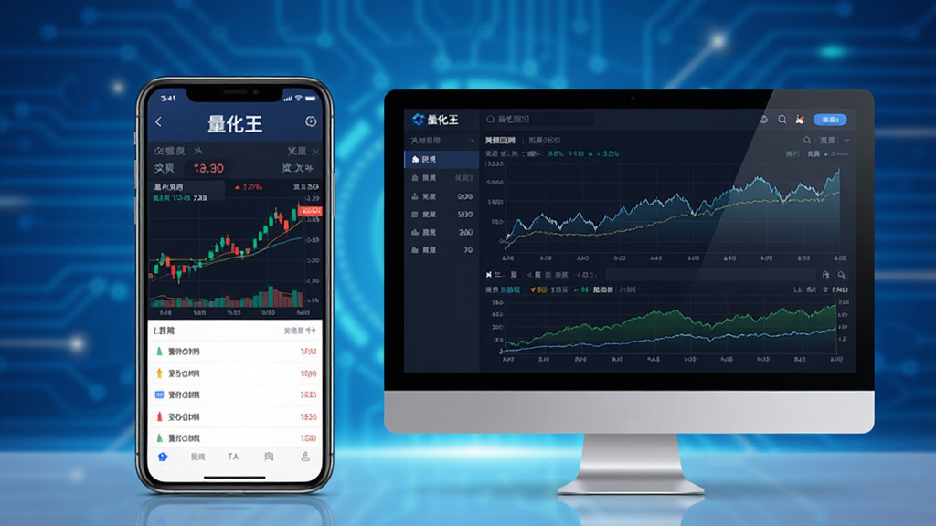 画面主体为一部智能手机和一台电脑并排放置,屏幕均显示“量化王”操作界面,手机展示实时行情,电脑展示策略回测图表。背景为渐变蓝色科技光效。布局采用左右对称,风格专业商务,细节强调屏幕上的数据更新和图表曲线,画面干净无多余元素,画质为超高清。