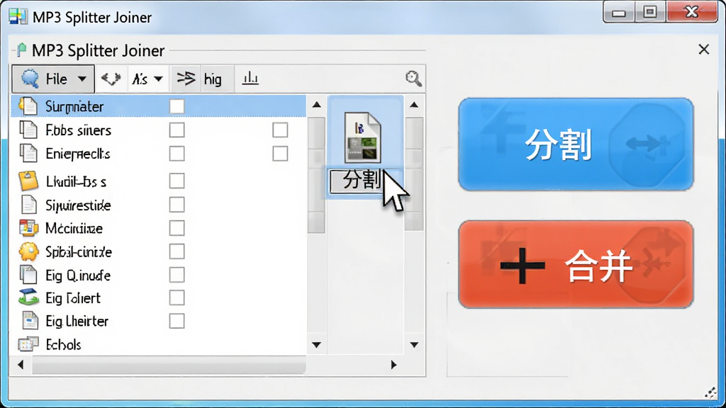 功能截图:显示MP3 Splitter Joiner的操作主界面,包含文件列表区域和醒目的“分割”与“合并”按钮,鼠标指针正在拖拽一个音频文件到窗口中,界面明亮清晰,文字可辨识,画质干净。
