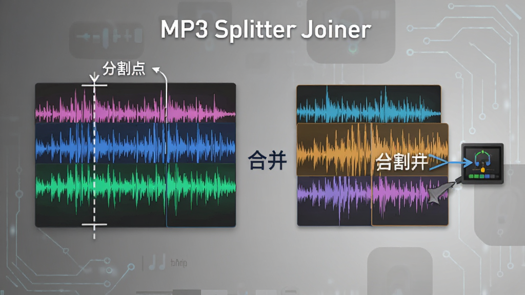 功能示意图:展示MP3 Splitter Joiner将一段长音频波形分割成多个彩色片段,并重新排列合并的流程,背景为渐变灰色,波形线条清晰锐利,标注有“分割点”与“合并”字样,科技感与专业感并存。